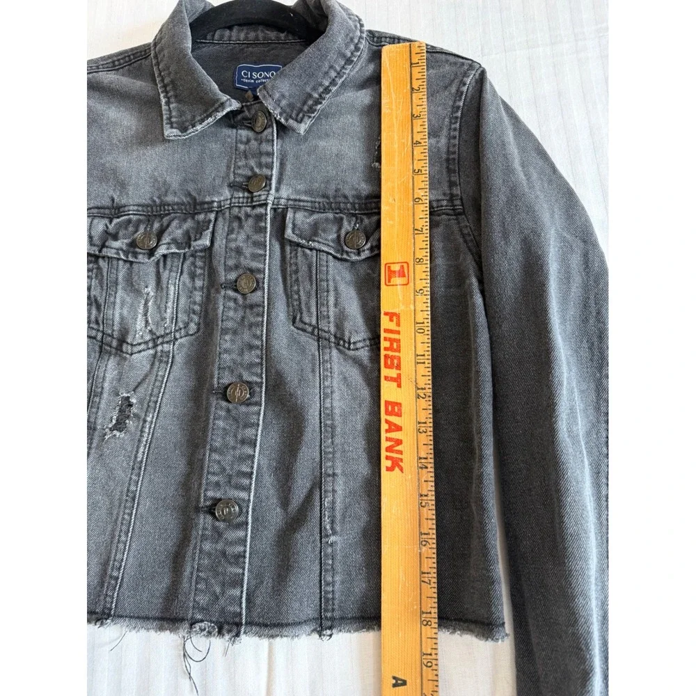 Ci Sono Womens Black Distressed Cropped Denim Jacket Raw Hem DJK37A Large - Picture 8 of 9